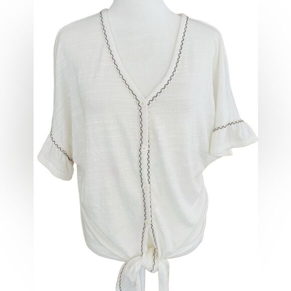 MAX STUDIO CRINKLED V-NECK SHORT SLEEVE TIE FRONT TOP IN WHITE size M - Picture 1 of 9